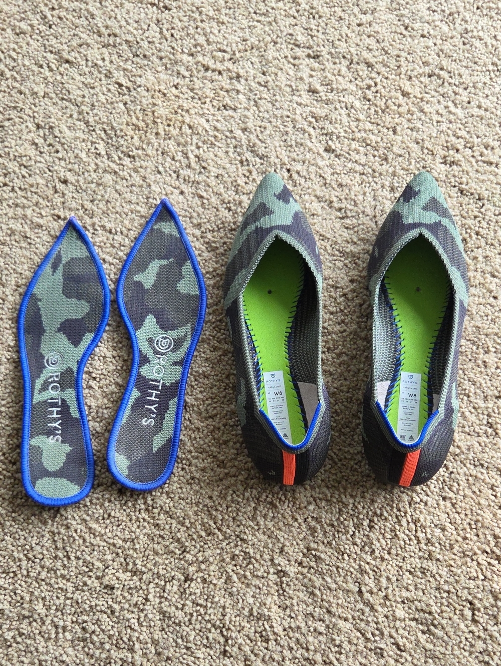 Rothy's Women's Camouflage Pointed Slip-On Sneakers with Neon Green Insole